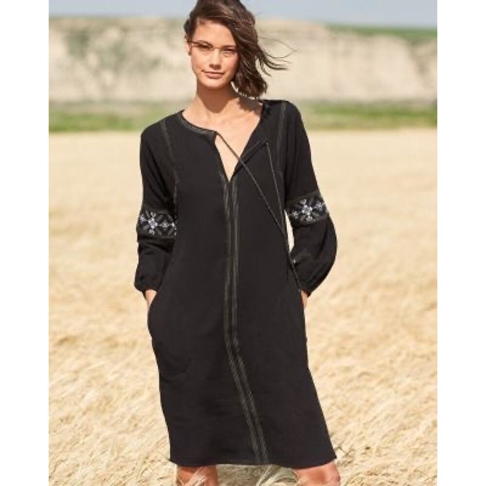 Lilla P‎ Dress Women’s Medium Gauze Cotton Black Embroidered Tassel Tie Bohemian